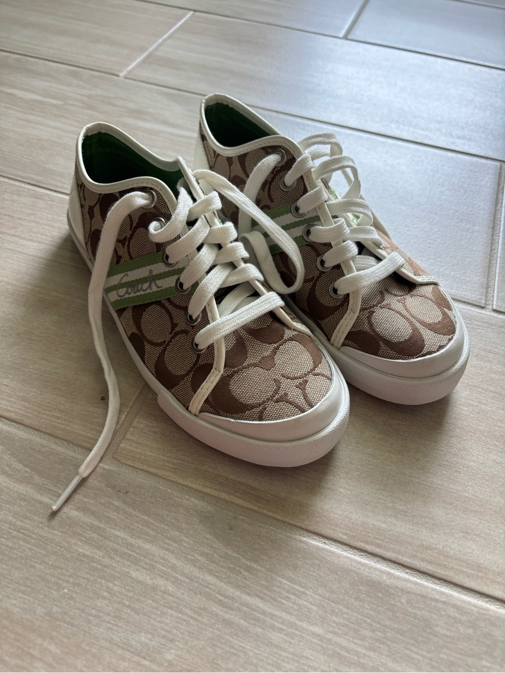 Coach Women’s 6.5 Brown Canvas Sneakers with Green Accent